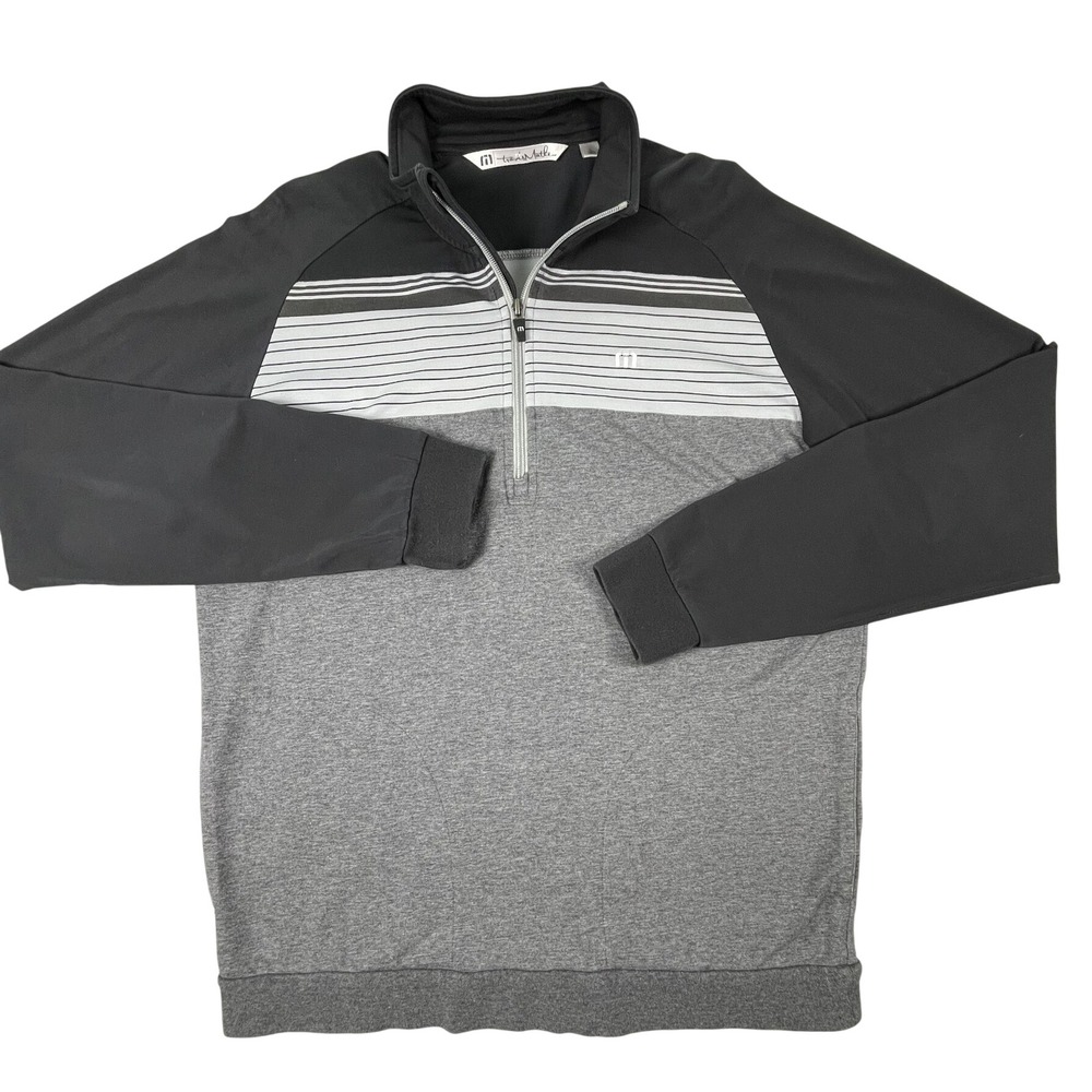 TravisMathew Pullover Mens L Black Grey Stripe 1/4 Zip Golf Long Sleeve *Flaw*
